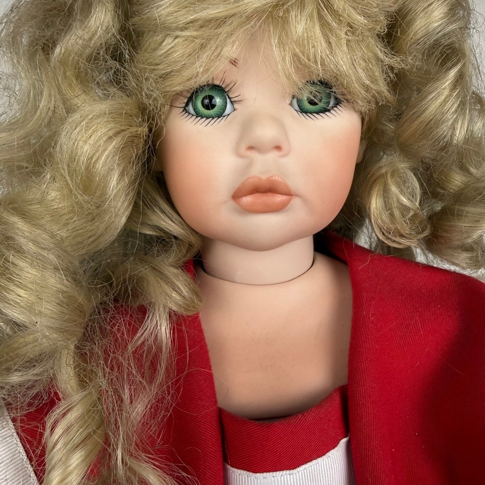 Vintage Porcelain Doll Nautical Sailor Dress Green Eyes Blonde Curly Hair Re